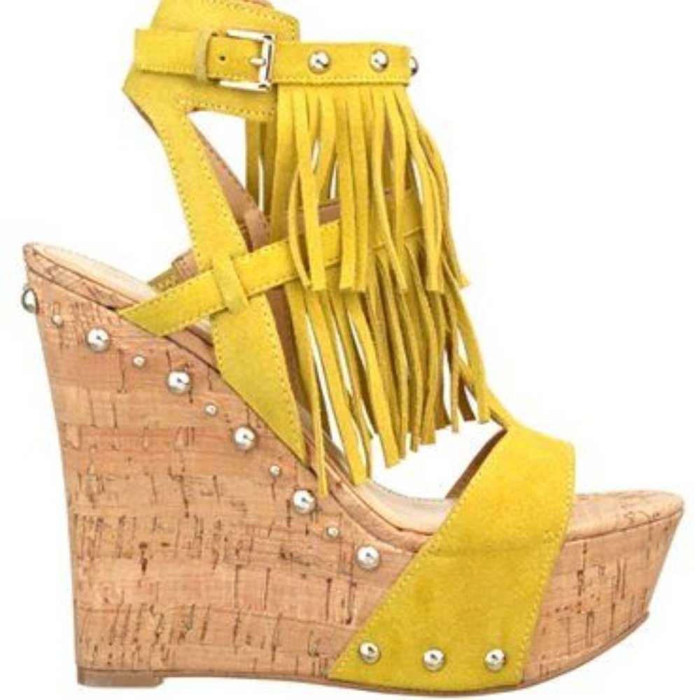Guess Meekah Yellow Fringe Studded Cork Wedges